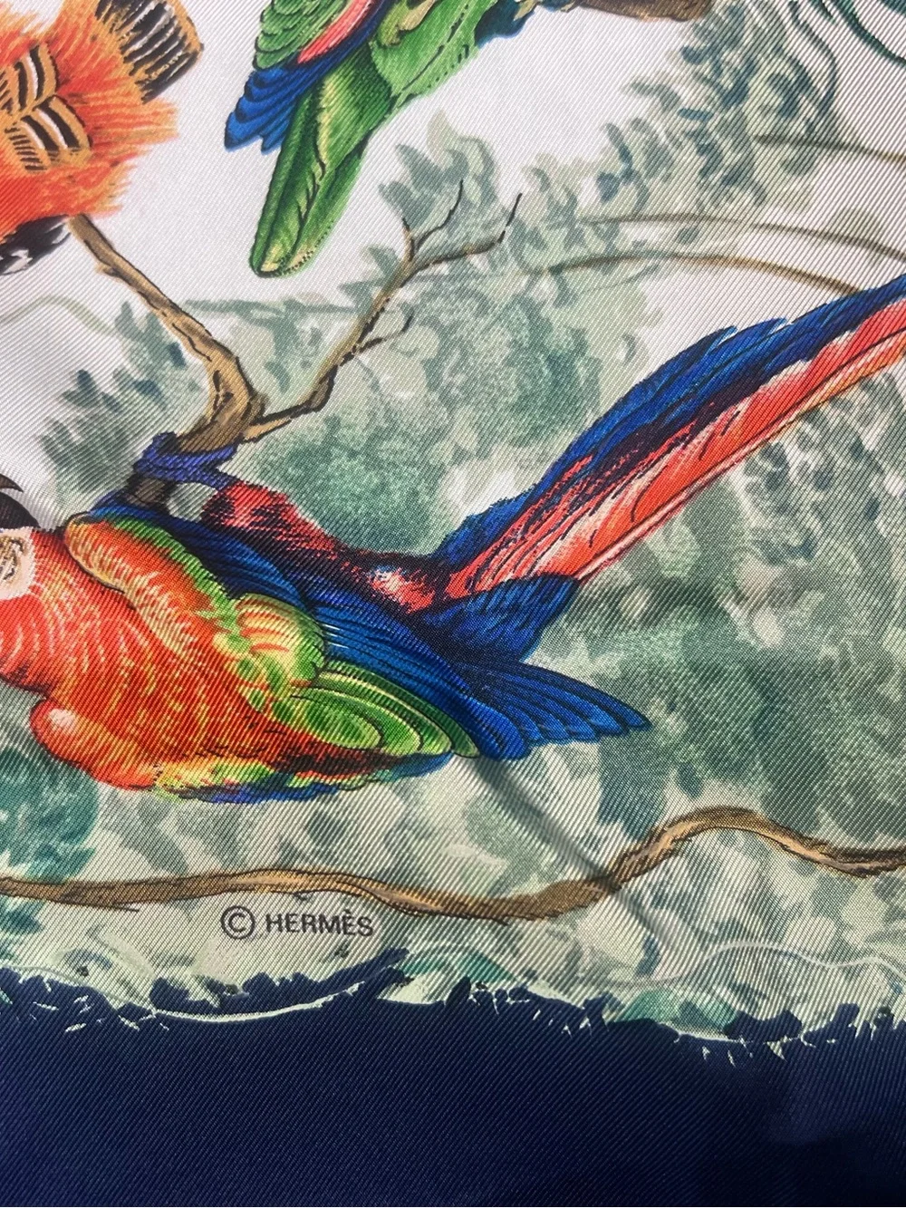 Hermes “ Equateur” Tropical Leaf and Navy 100% Silk Scarf - Picture 9 of 10